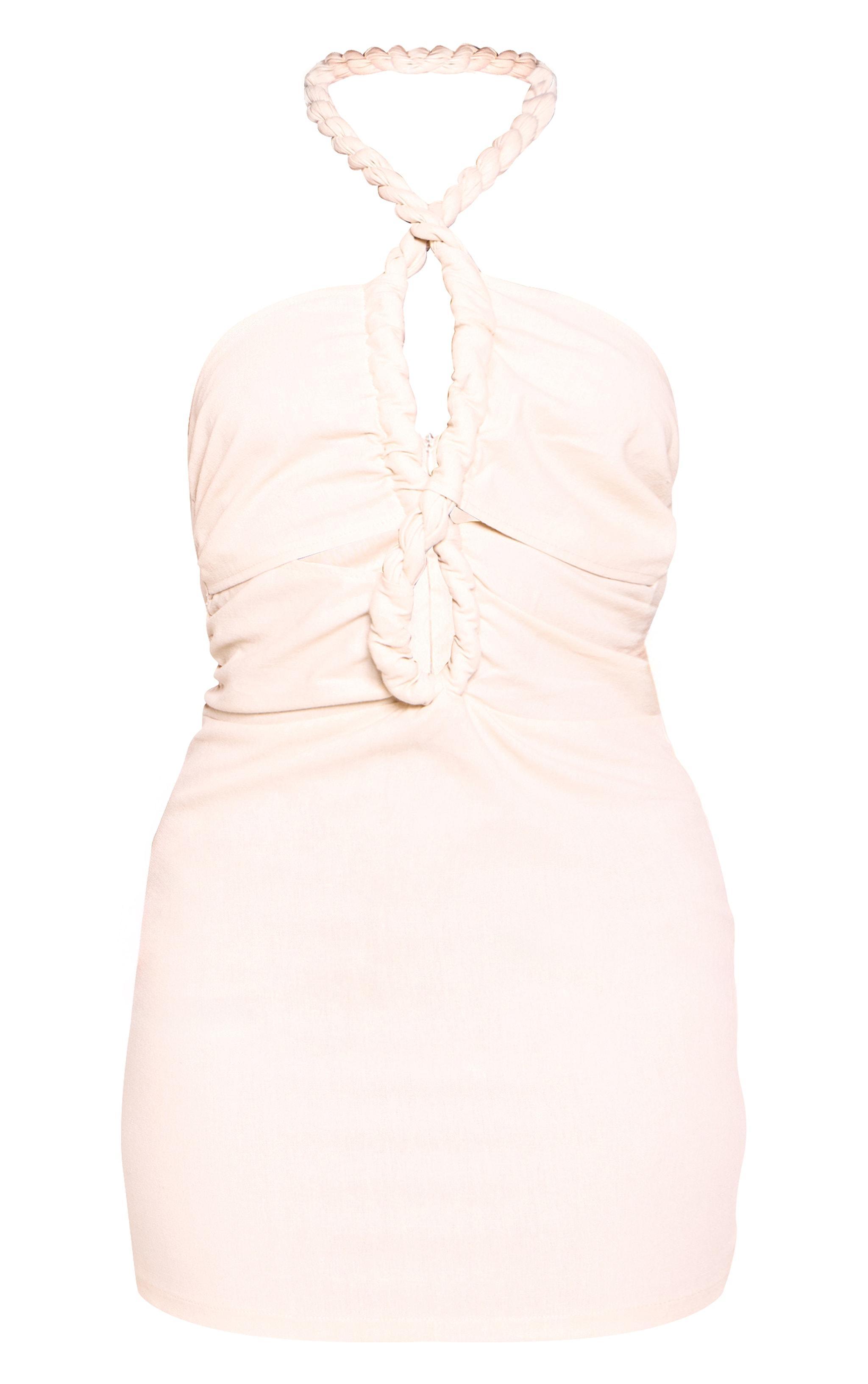 Cream Linen Look Plait Detail Bodycon Dress Product Image