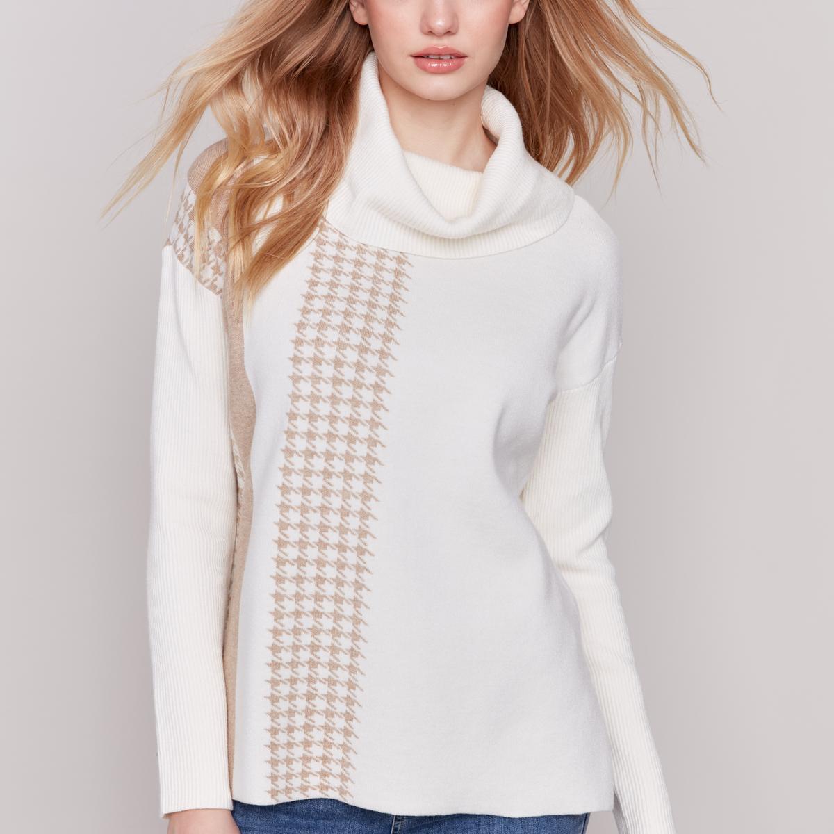 Jacquard Houndstooth Stripe Design Cowl-Neck Sweater product image