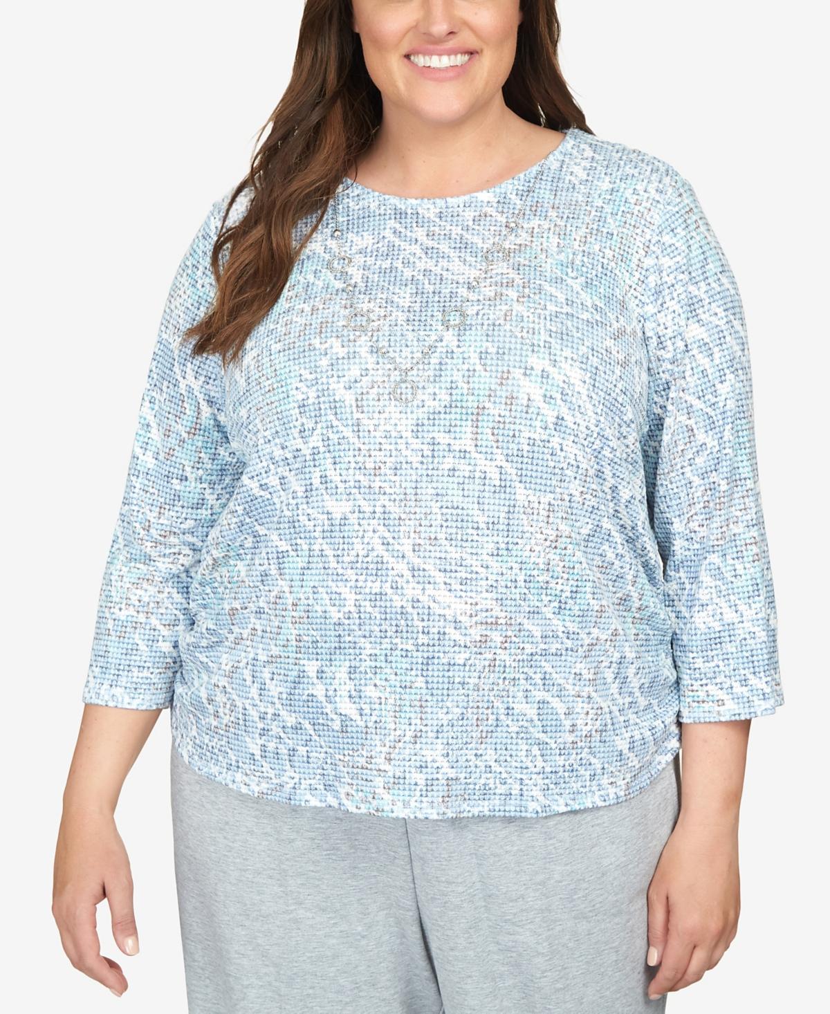 Alfred Dunner Plus Size Comfort Zone Animal Print Ruched Hem Top with Necklace Product Image