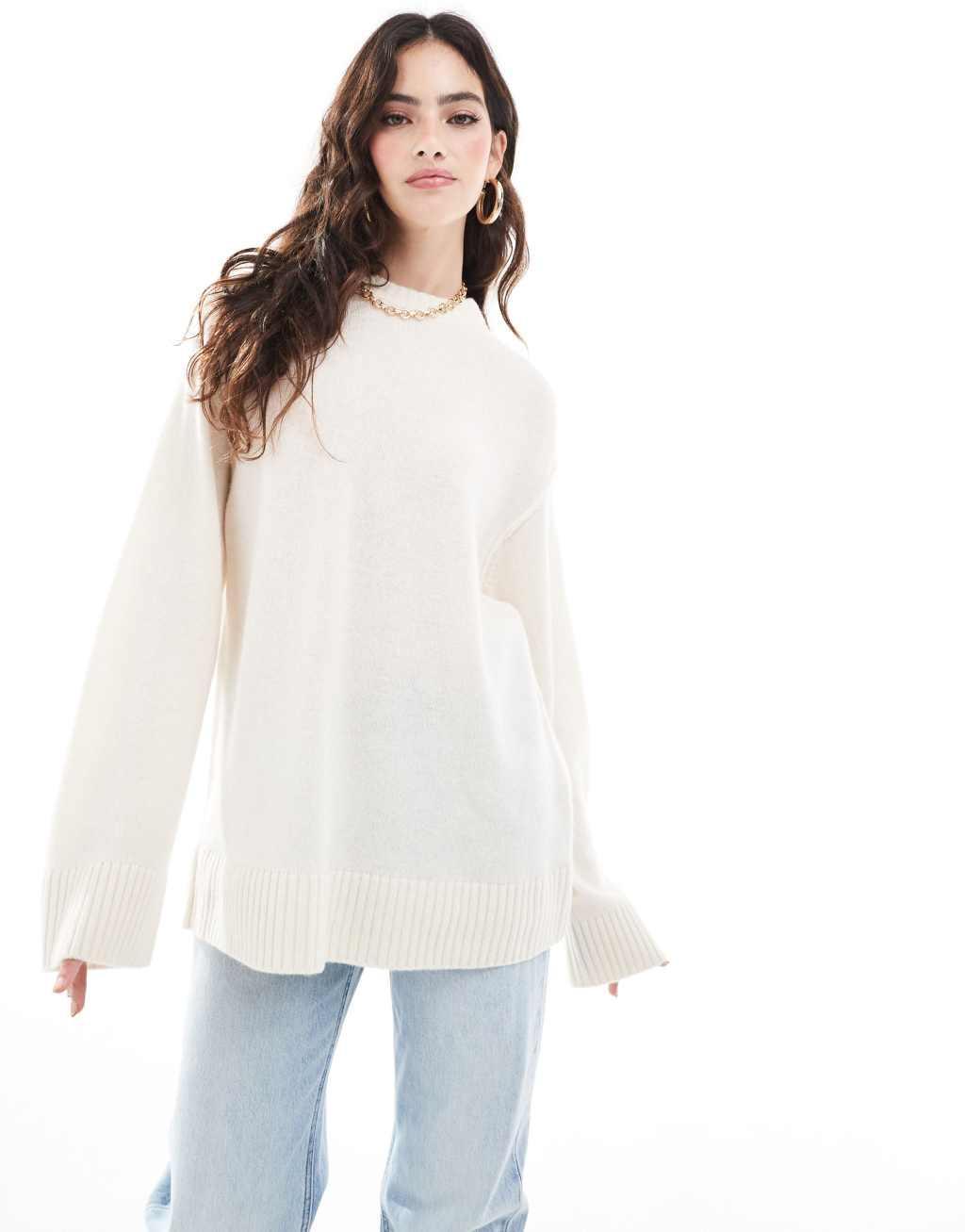 ASOS DESIGN crew neck oversized sweater with seam back detail in lambs wool blend in cream Product Image