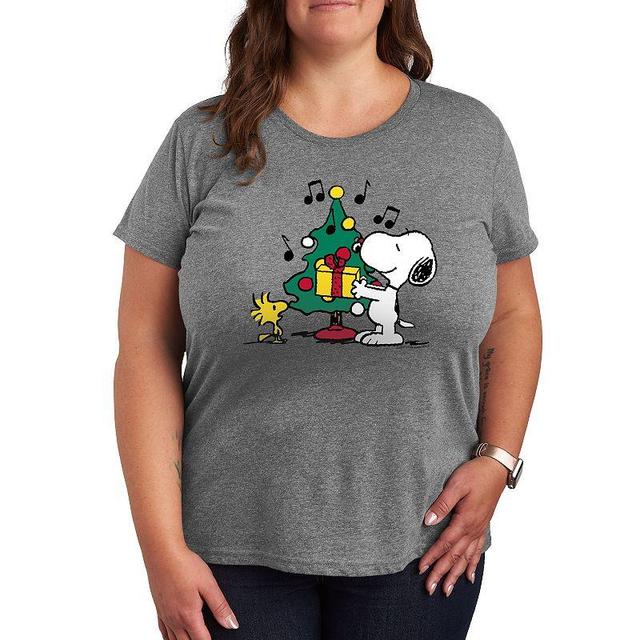 Plus Peanuts Snoopy & Woodstock Christmas Tree Graphic Tee, Womens Grey Gray Product Image