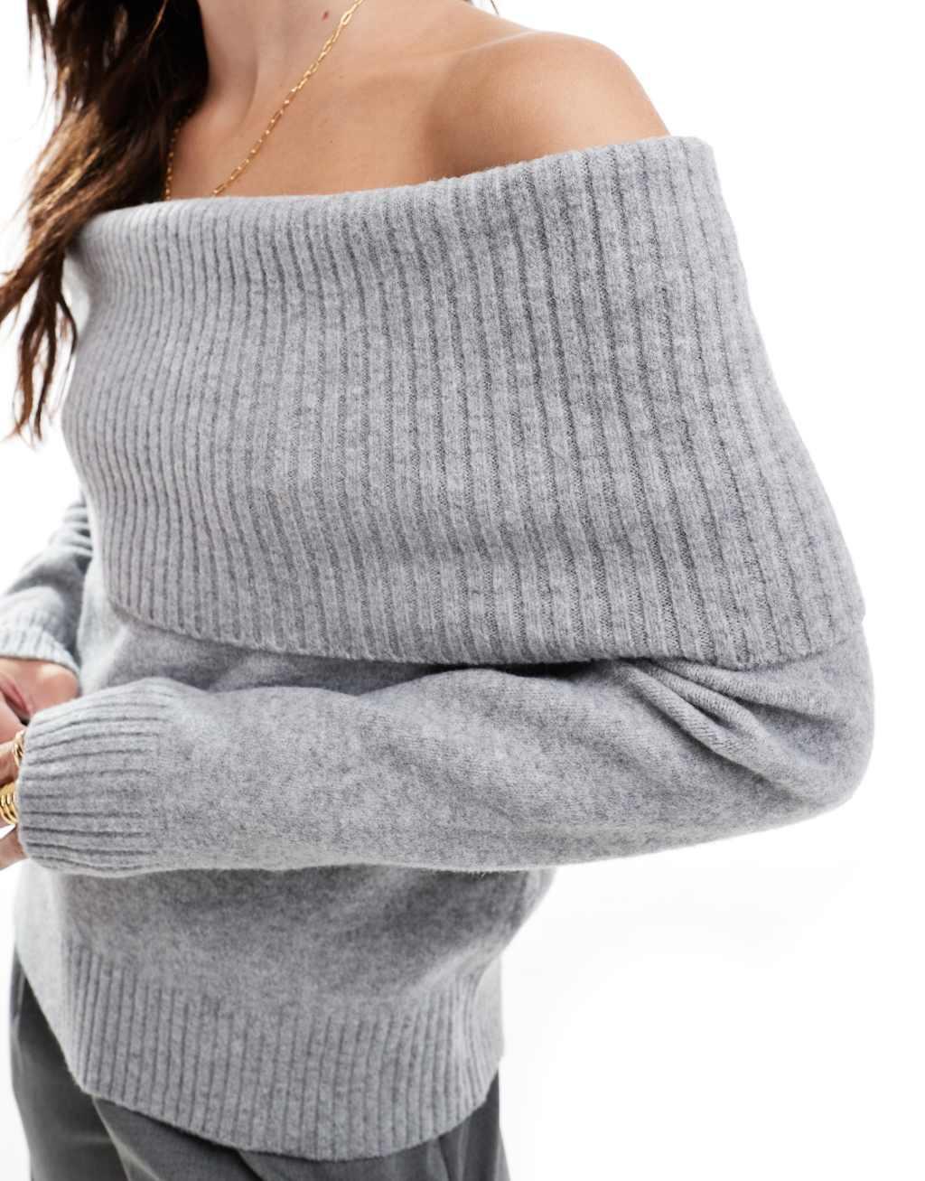 Pull&Bear oversized bardot knit sweater in soft gray Product Image