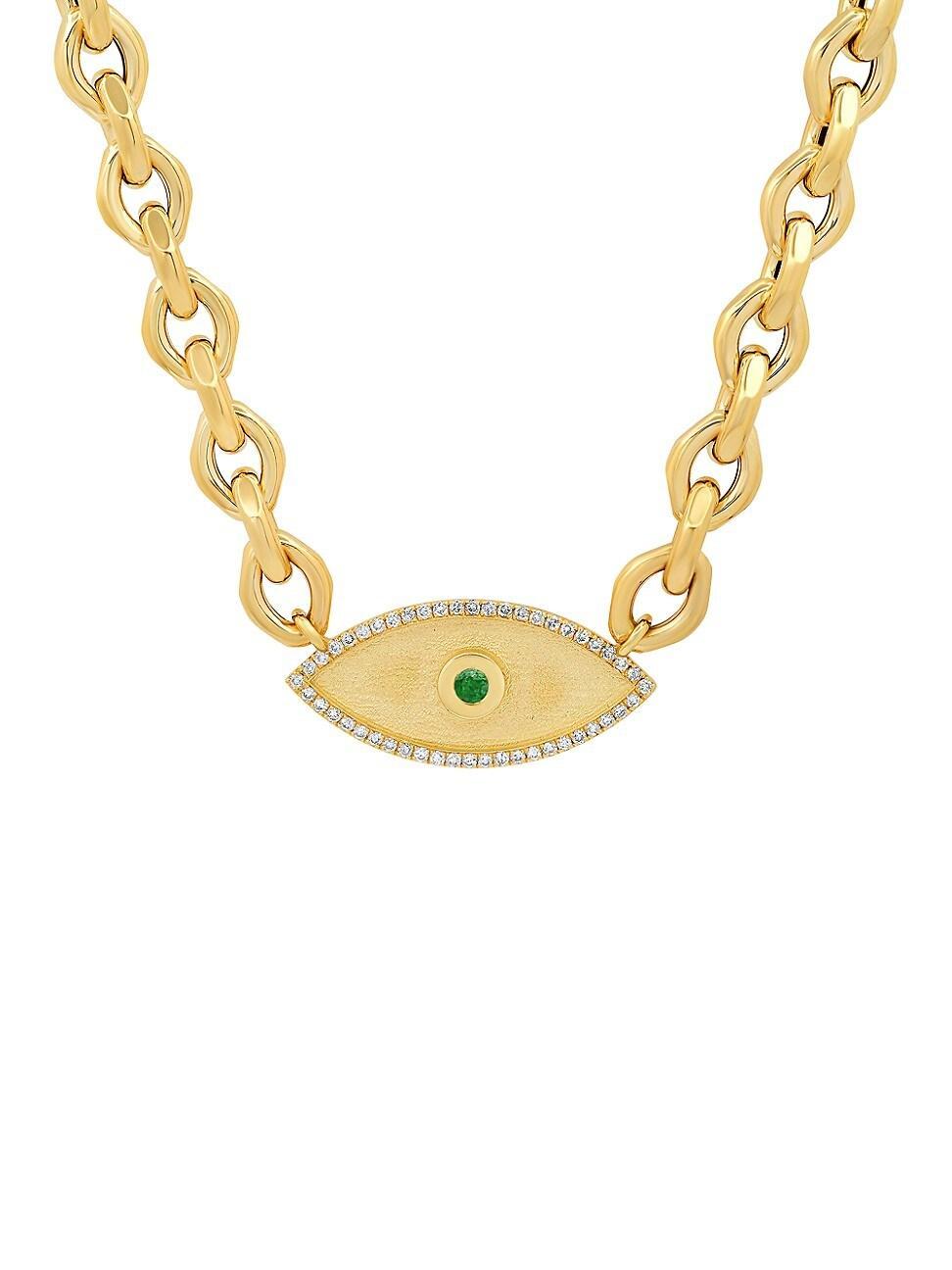 Womens Double Protection 14K Yellow Gold, 0.26 TCW Diamond, & Emerald Evil Eye Pendant Necklace Product Image