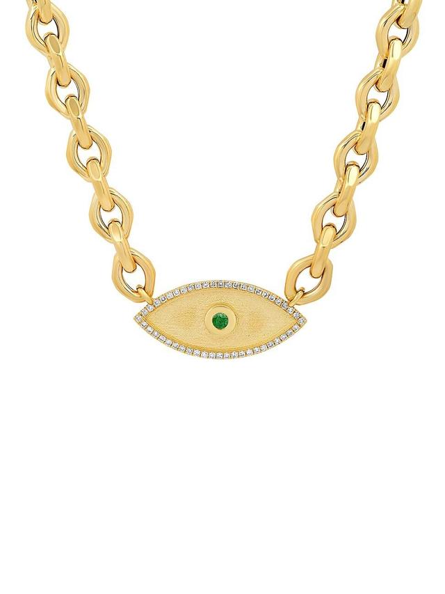 Womens Double Protection 14K Yellow Gold, 0.26 TCW Diamond, & Emerald Evil Eye Pendant Necklace Product Image