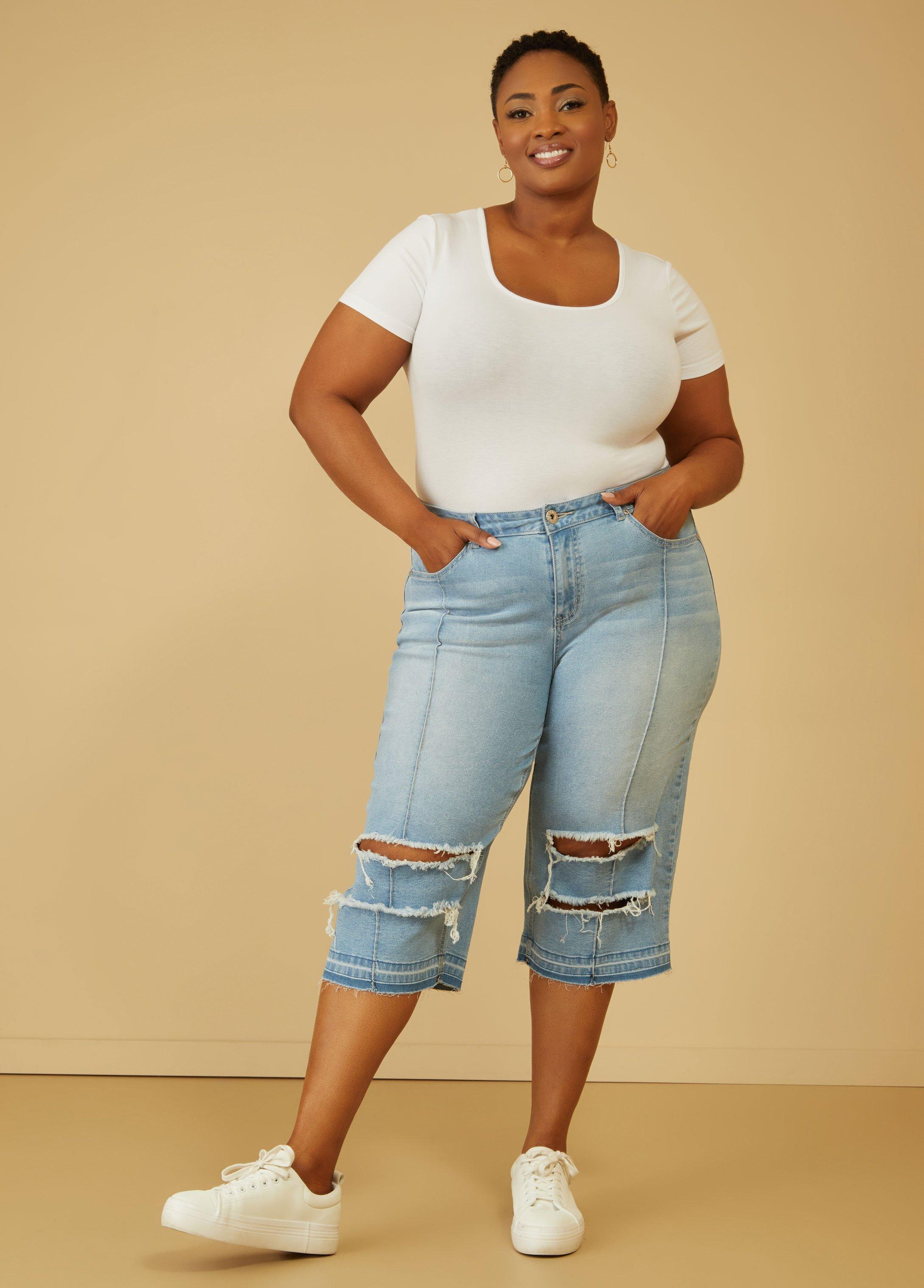 Plus Size Distressed Mid Rise Denim Capris Ashley Stewart Product Image