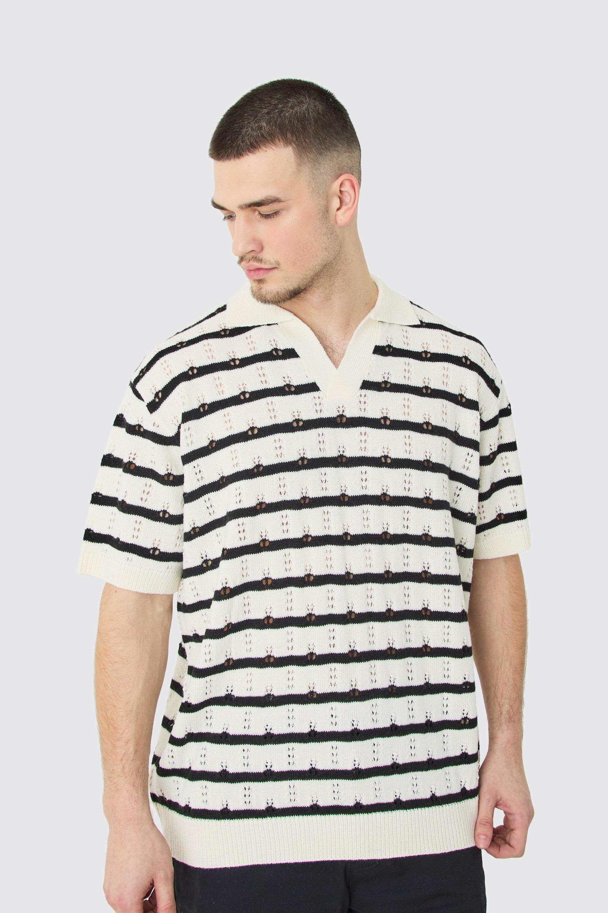 Mens Cream Tall Short Sleeve Oversized Crochet Knit Stripe Polo In Ecru, Cream Product Image