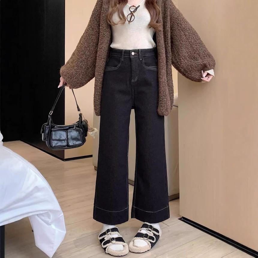 High Rise Fleece Wide Leg Jeans Product Image