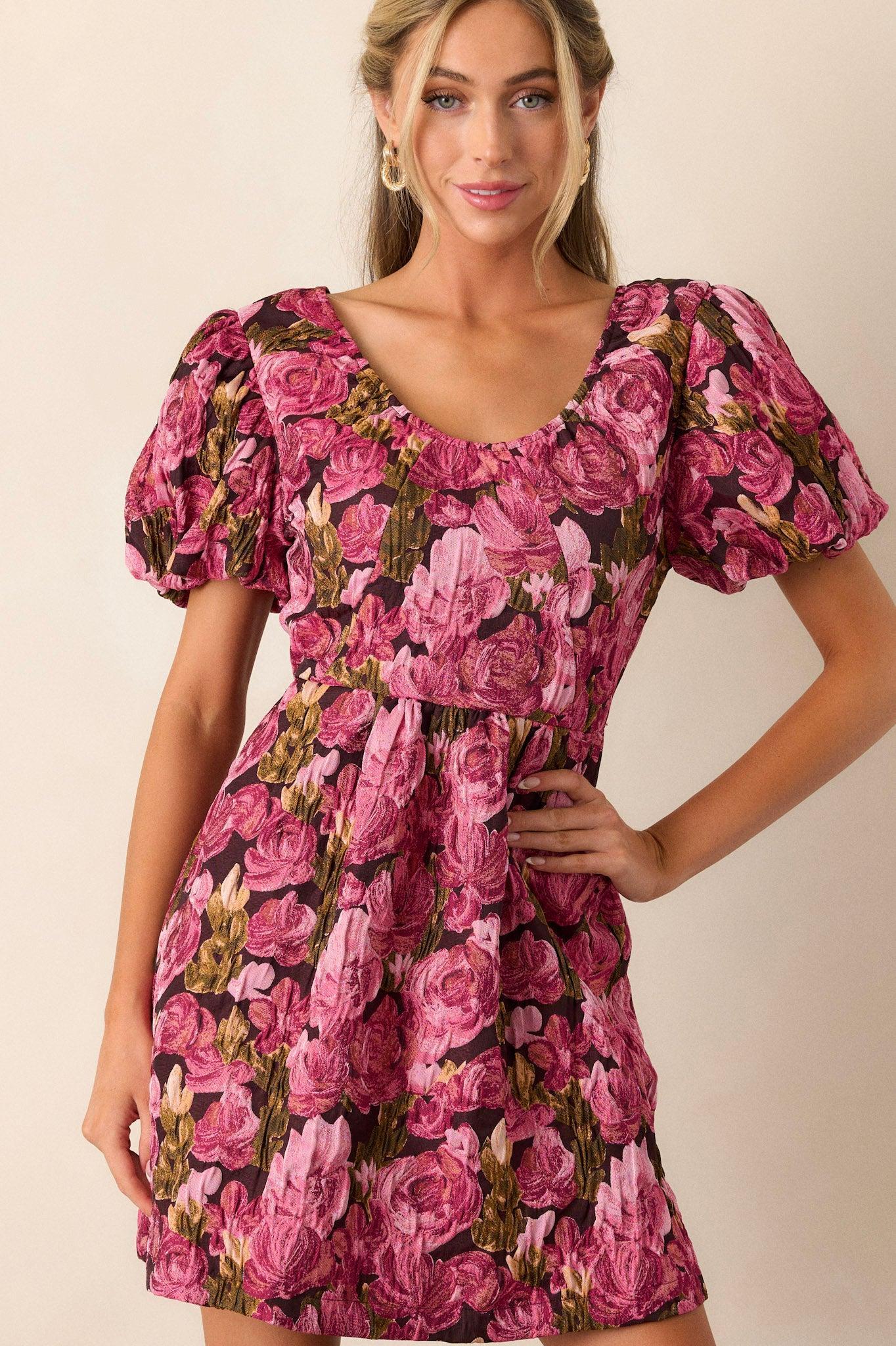 Change Of Pace Berry Floral Jacquard Puff Sleeve Mini Dress Product Image