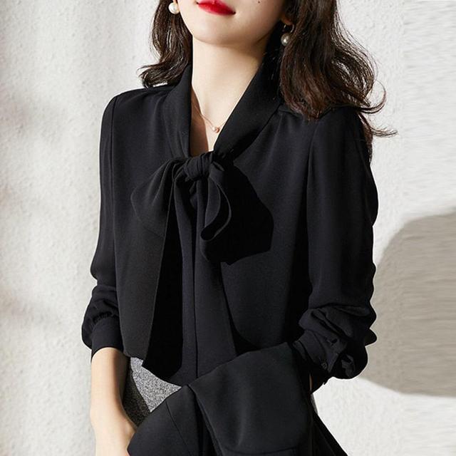 Long-Sleeve Tie-Neck Plain Blouse Product Image