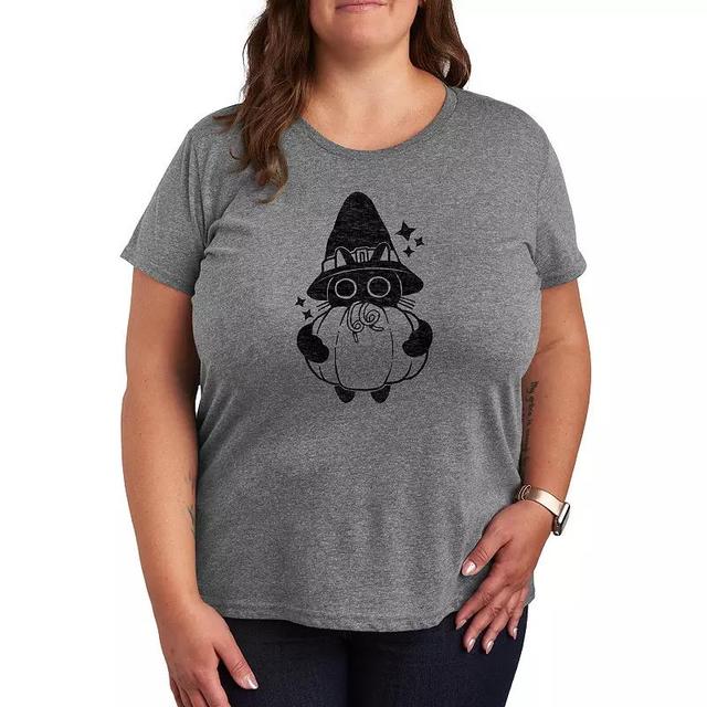 Womens Witch Cat With Pumpkin Graphic Tee Grey Gray Product Image