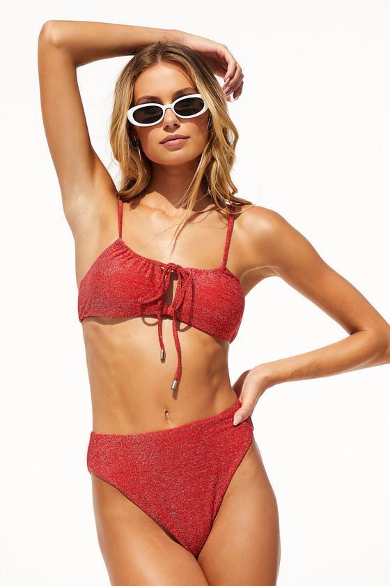 Seafront Stunner Red Sparkly High-Rise Bikini Bottoms Product Image