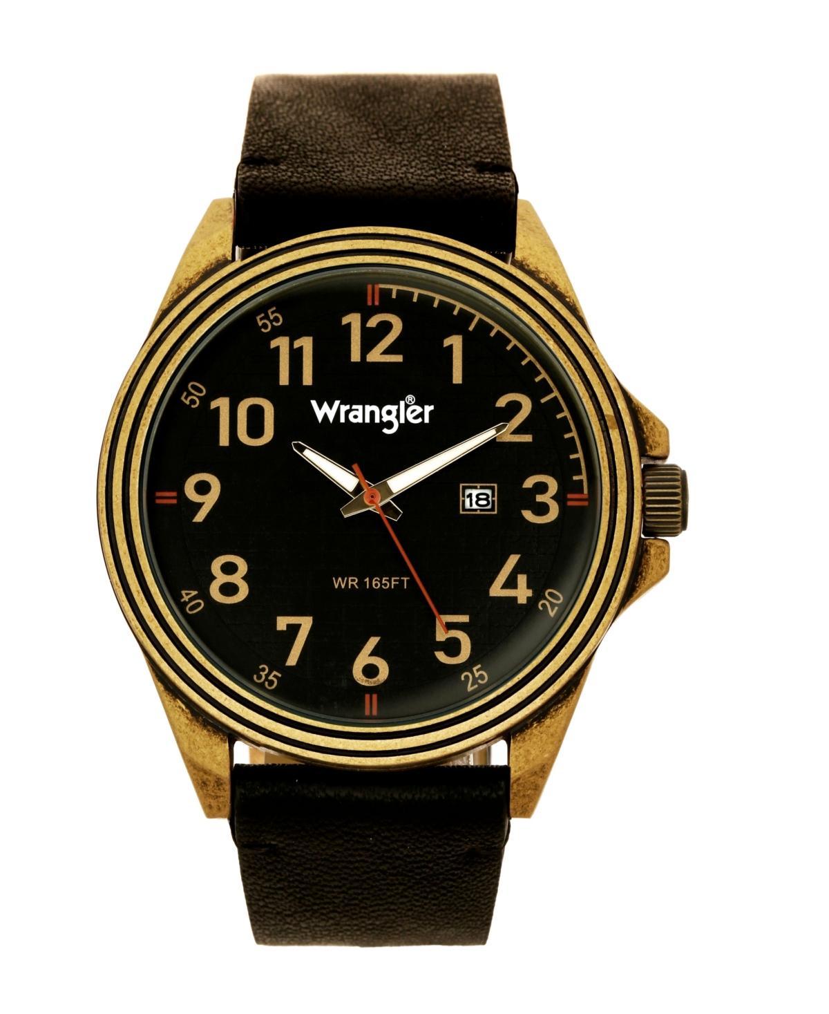 Wrangler Mens Watch, 48MM Antique Brass Case, Black Dial with Bronze Arabic Numerals, Brown Strap, Analog Watch, Red Second Hand, Date Function - Bro Product Image