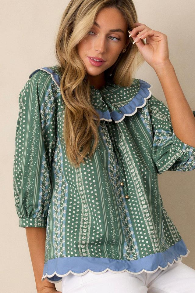 Pay Attention 100% Cotton Green Floral Scallop Hem Top Product Image