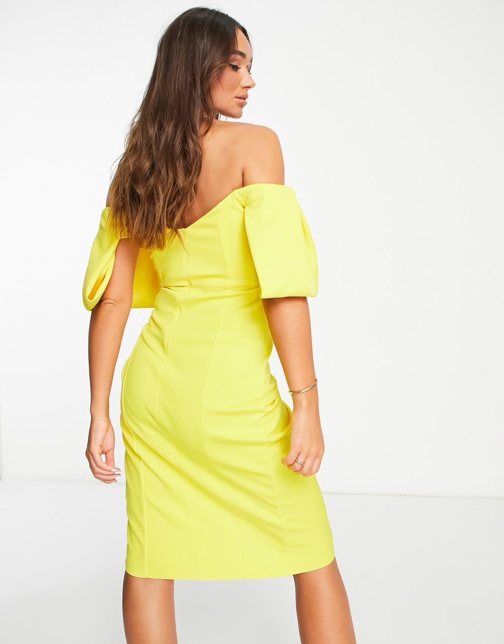 ASOS DESIGN sweetheart neck wrap tuck off shoulder bardot midi dress in saffron Product Image