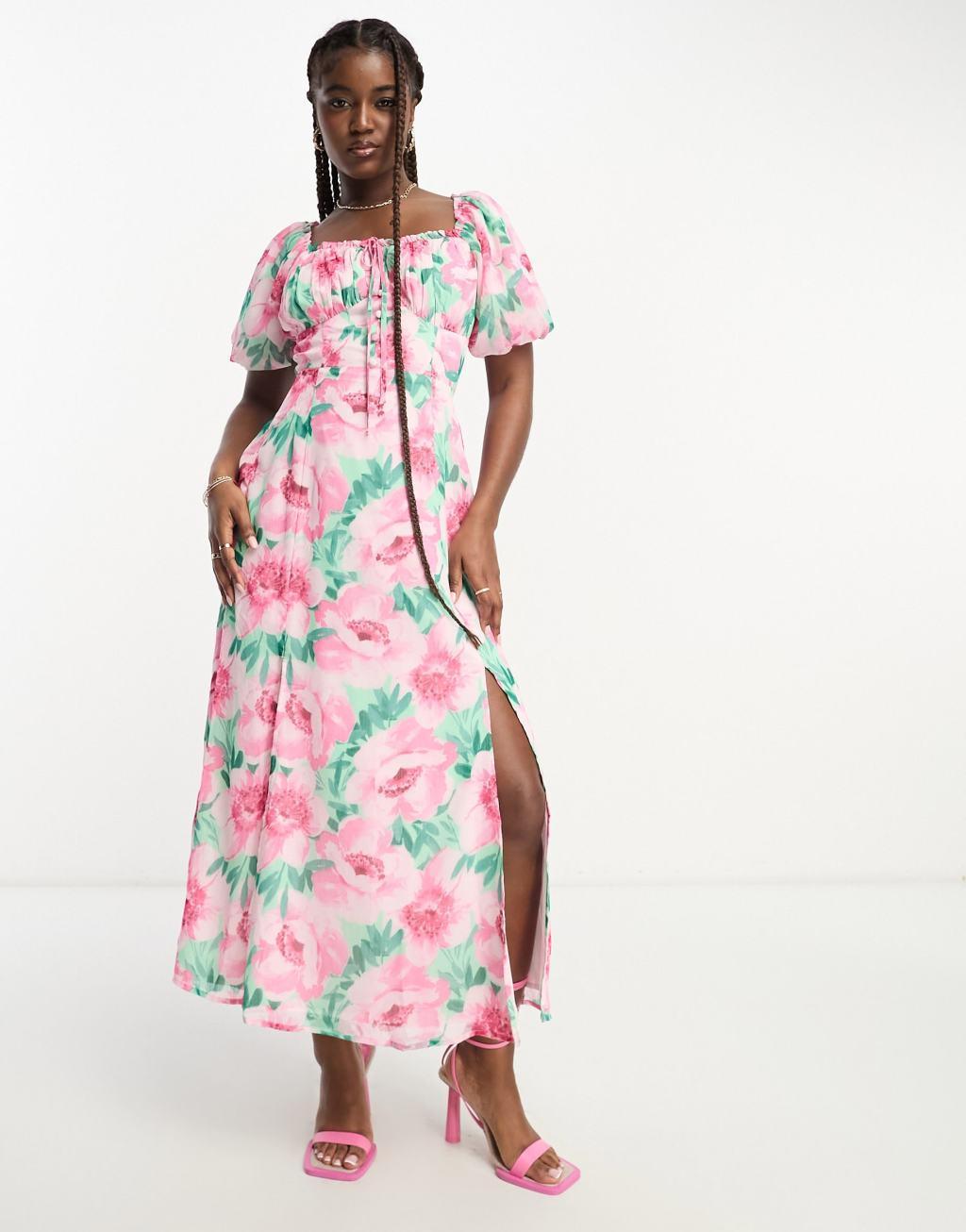 Miss Selfridge chiffon puff sleeve maxi dress with back detail in pink floral product image