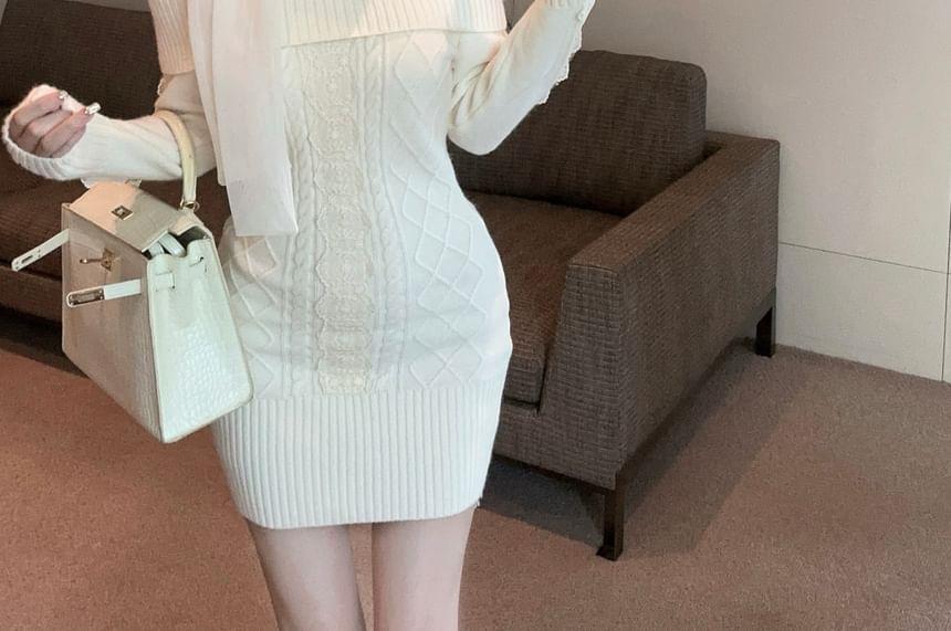 Long Sleeve Off Shoulder Plain Cable Knit Bodycon Mini Dress Product Image