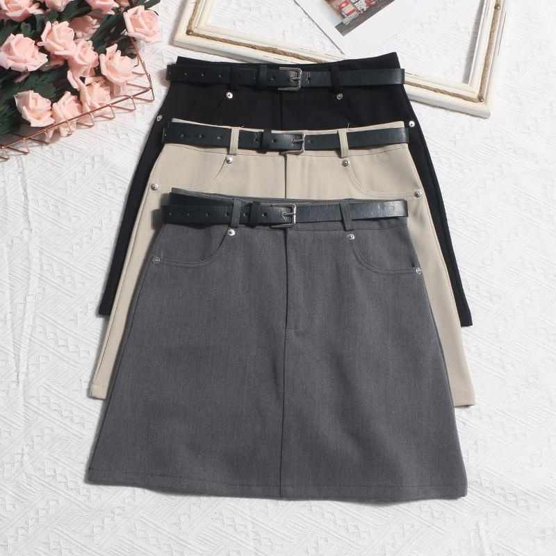 High Waist Plain Belted Mini A-Line Skirt Product Image