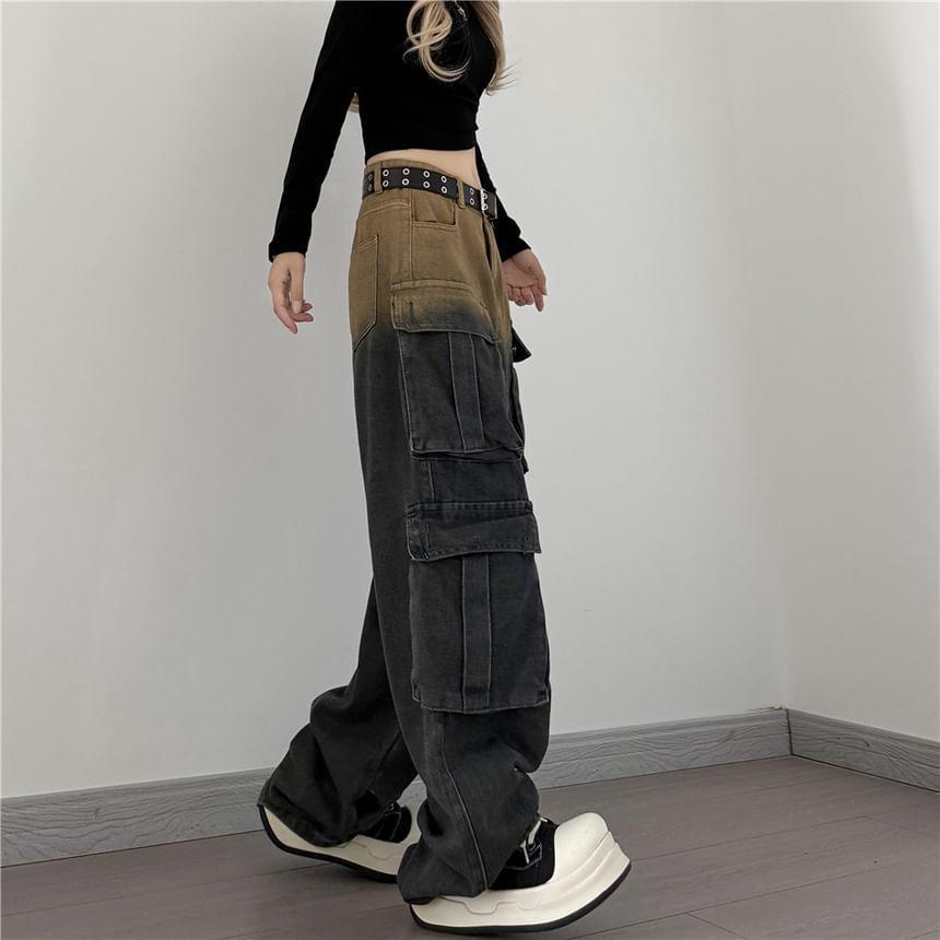 Mid Waist Gradient Washed Wide Leg Cargo Jeans Product Image