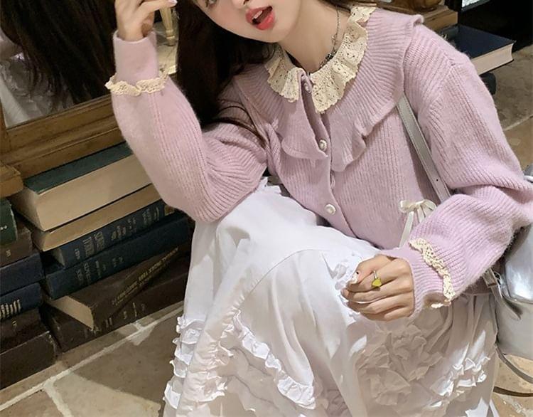 Long Sleeve Doll Collar Lace Panel Bow Accent Loose-Fit Cardigan Product Image