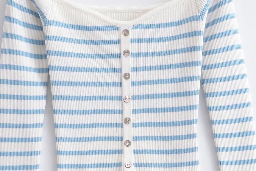 Long-Sleeve Boat Neck Striped Button Crop Knit Top Product Image