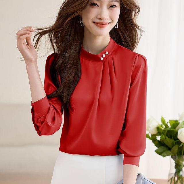 Long-Sleeve Stand Collar Plain Faux Pearl Accent Ruched Blouse Product Image