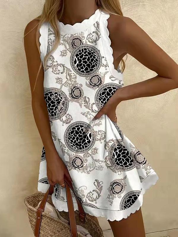 Loose Sleeveless Printed Round-Neck Mini Dresses Product Image