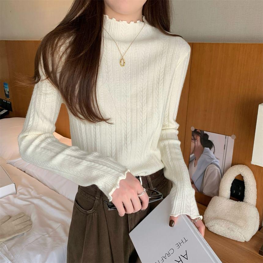 Long-Sleeve Mock Neck Plain Lettuce Edge Knit Top Product Image