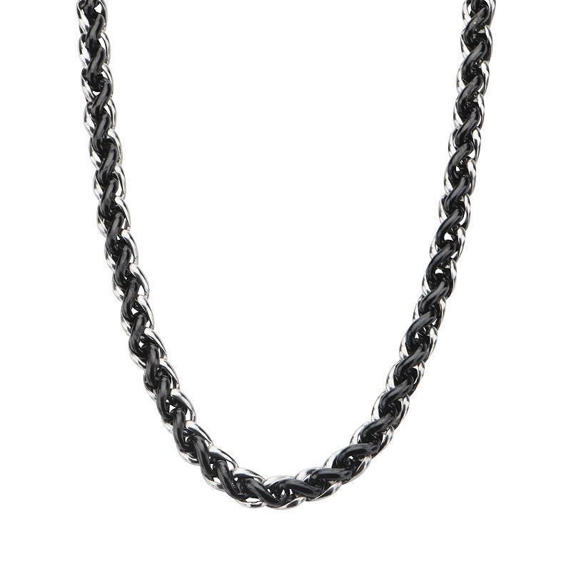 Mens Stainless Steel & Black Wheat Chain Necklace Two Tone Product Image