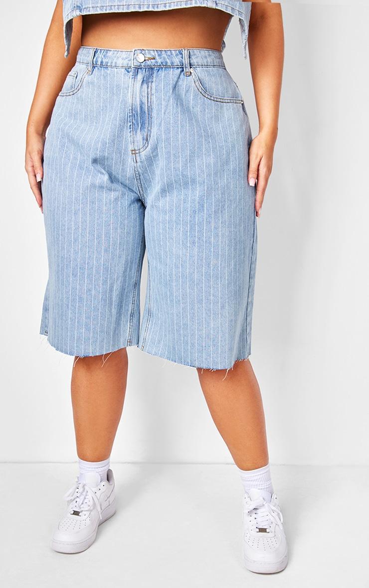 Plus Light Blue Pinstripe Long Line Denim Shorts Product Image