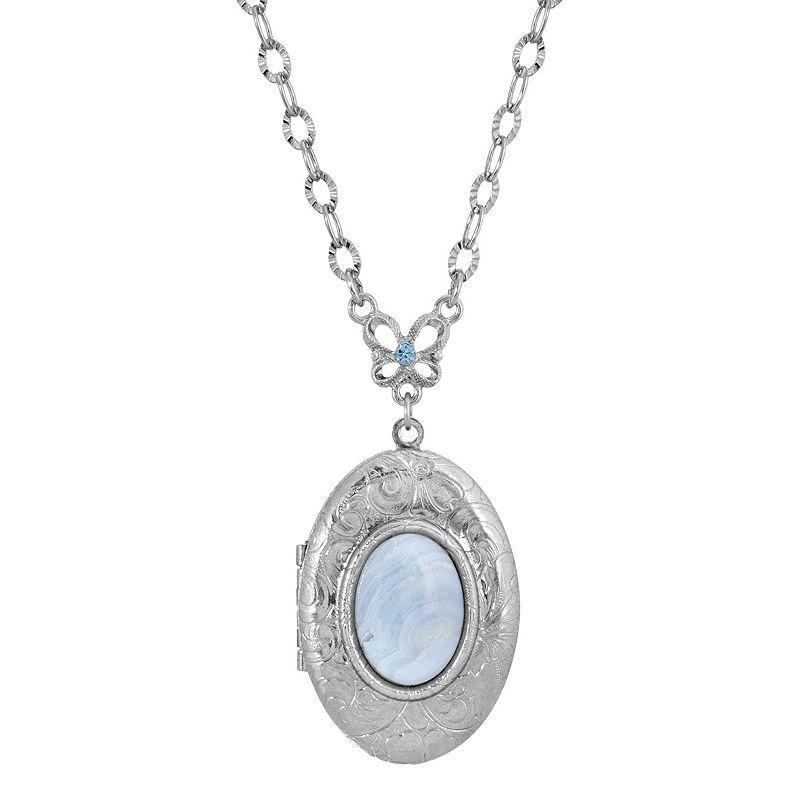 1928 Silver-tone Blue Lace Agate Oval Locket Pendant Necklace, Womens Product Image