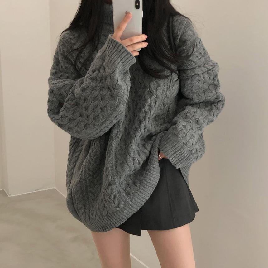 Turtleneck Plain Cable-Knit Oversized Sweater Product Image