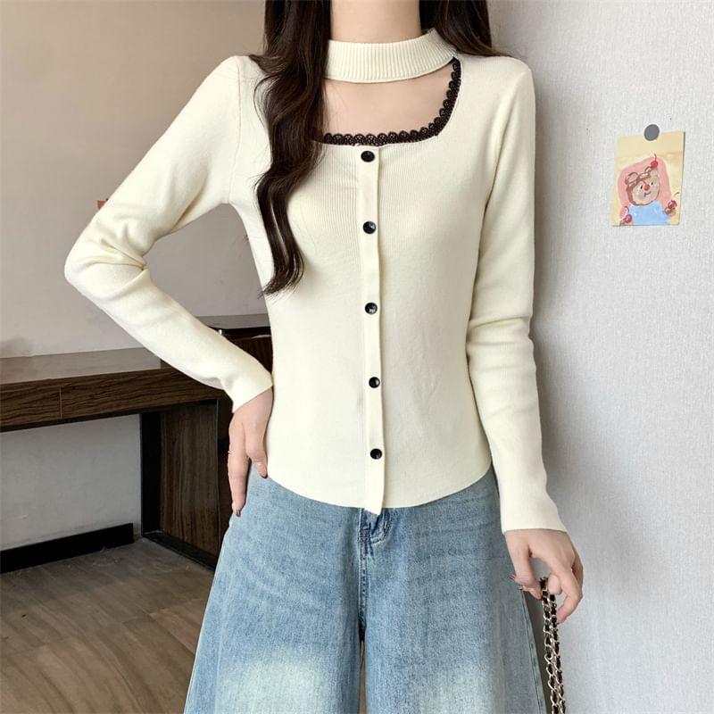 Long-Sleeve Mock Neck Cutout Lace Trim Button Knit Top Product Image