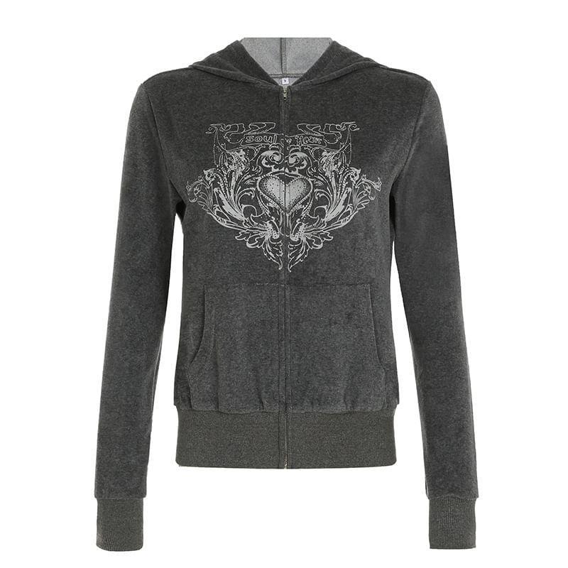 Long Sleeve Heart Rhinestone Zip-Up Hooded Jacket Product Image