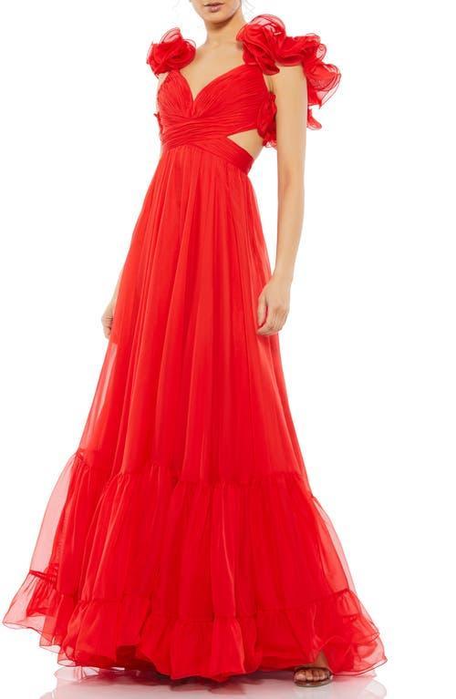 Ieena Mac Duggal Chiffon V-Neck Sleeveless Cut-Out Strappy Back Detail Tiered Ruffle Hem Gown Product Image