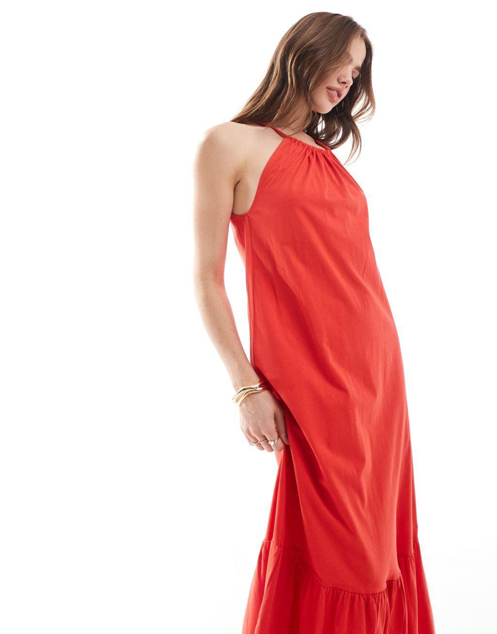 Mango halterneck tiered midi dress in red Product Image