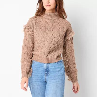 a.n.a Womens Mock Neck Long Sleeve Cable Knit Fringe Pullover Sweater Product Image