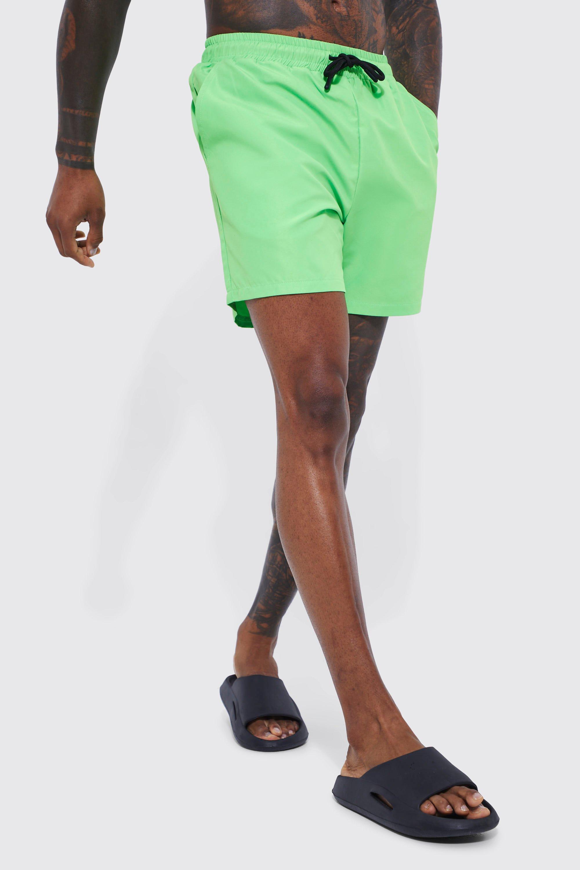 Mens Green Mid Length Plain Swim Shorts, Green Product Image