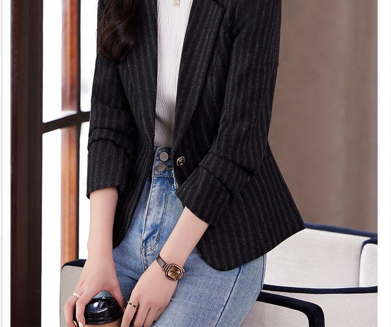 Lapel Collar Striped Single Button Blazer Product Image