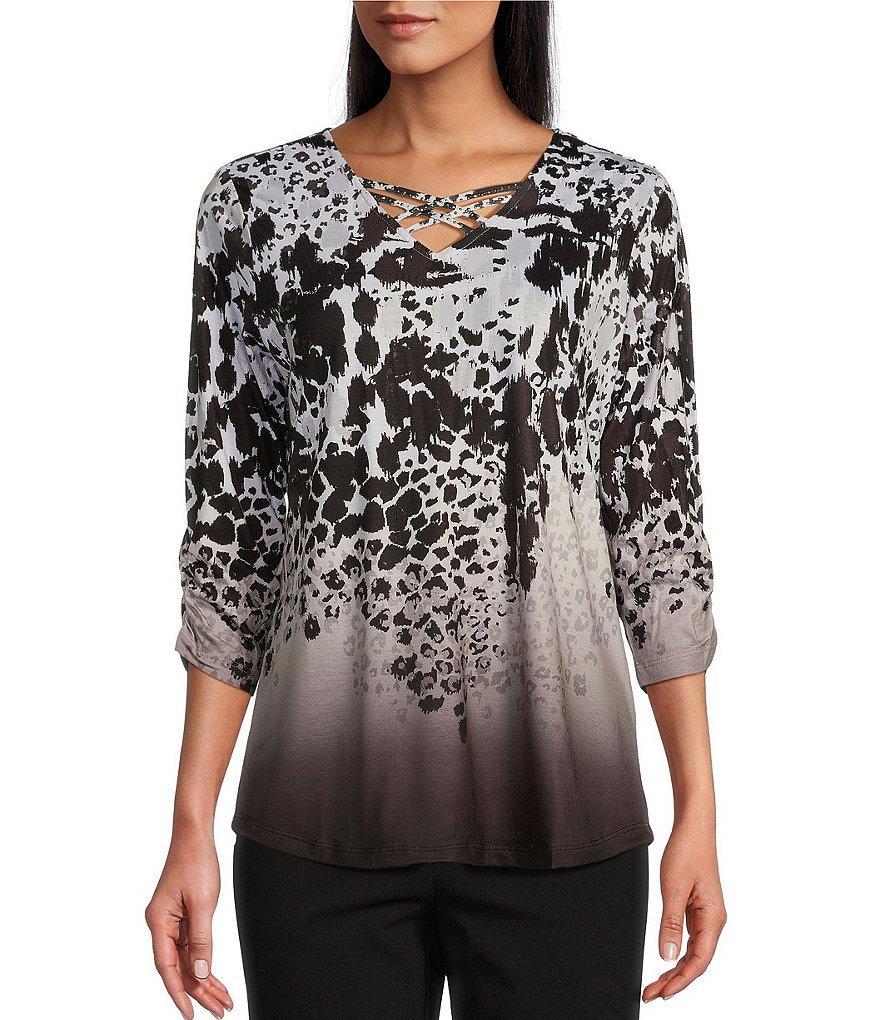 Allison Daley Petite Size Spots Border Print 3/4 Ruched Sleeve Crisscross Embellished V-Neck Knit Top Product Image