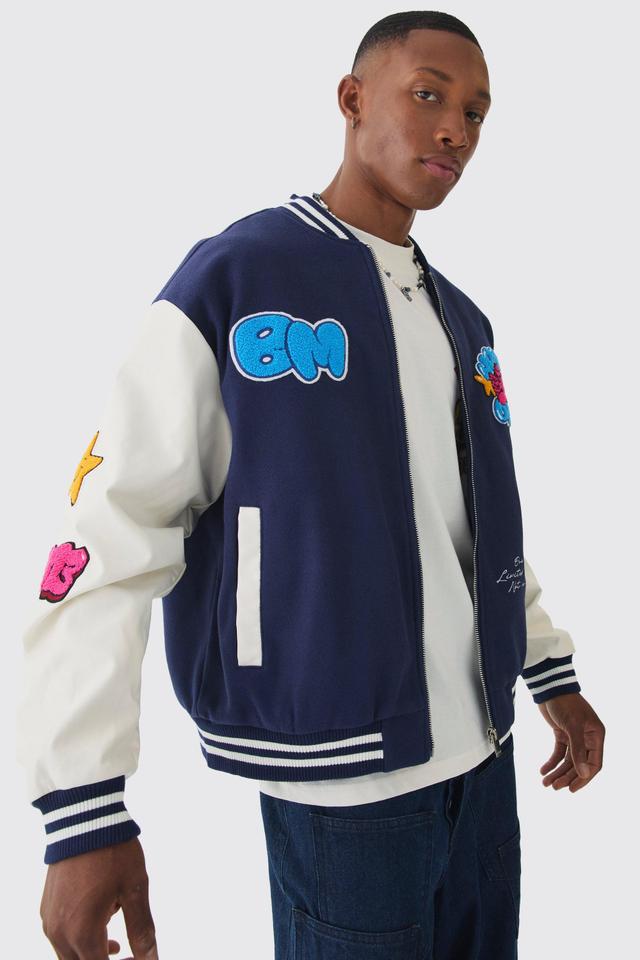 Homme Badge Varsity Jacket In Navy | boohooMAN USA Product Image