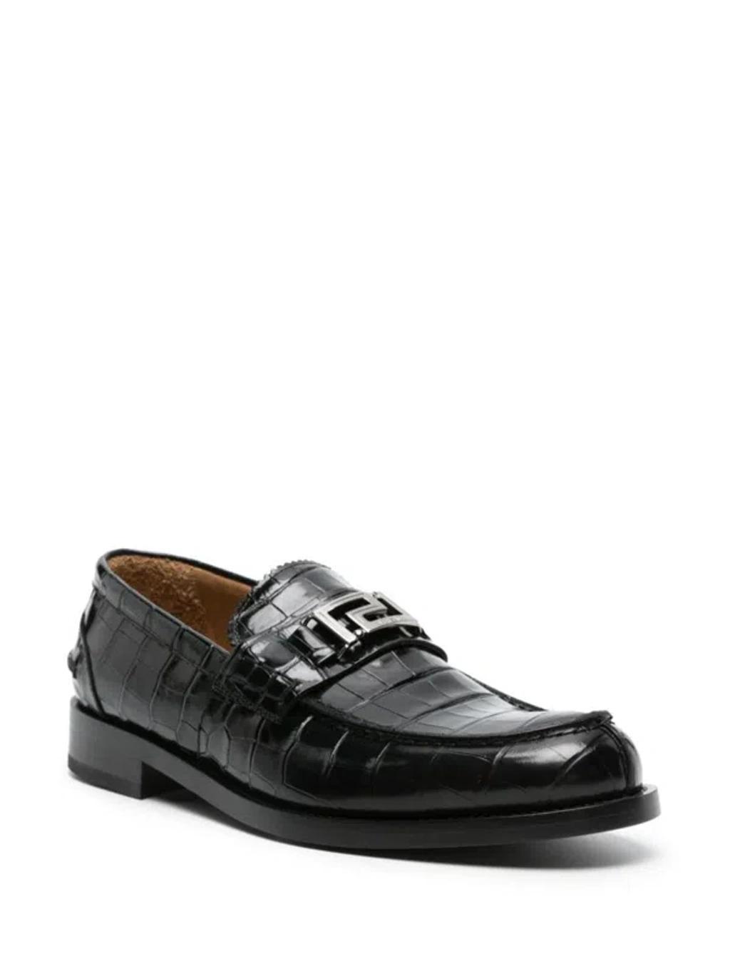 VERSACE Greca Crocodile-effect Loafers In Black/ruthenium Product Image