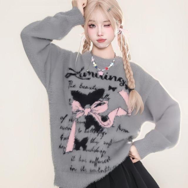 Long Sleeve Bow & Lettering Print Loose-Fit Sweater Product Image