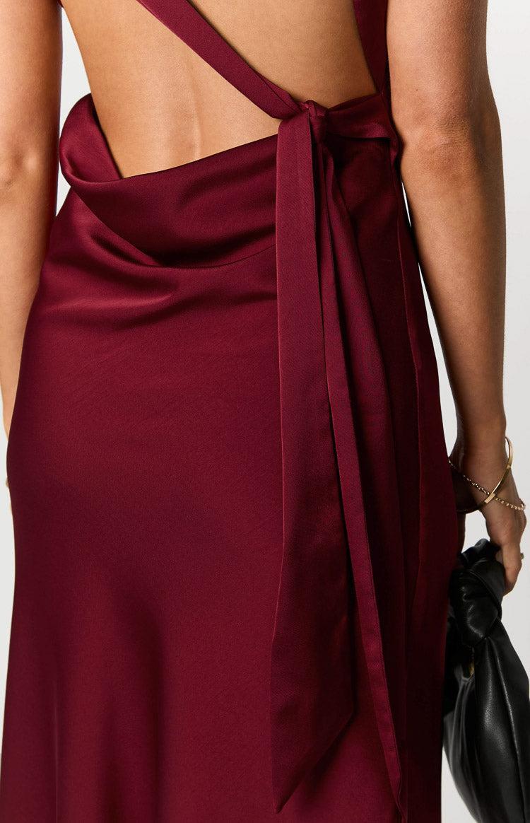 Laria Wine Satin Formal Maxi Dress Product Image