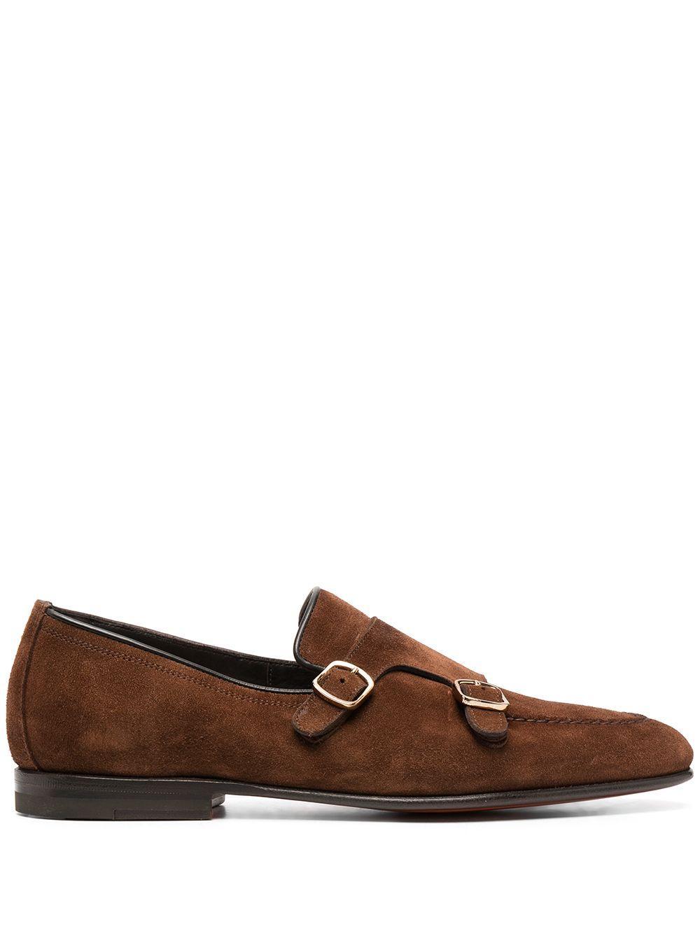 SANTONI Double Monk Strap Suede Loafers In Brown Product Image