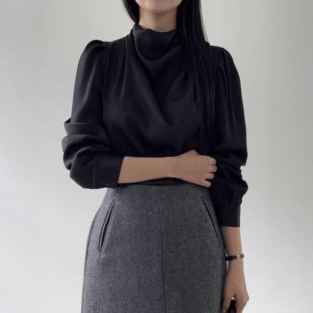 Long-Sleeve Cowl Neck Plain Satin Blouse Product Image