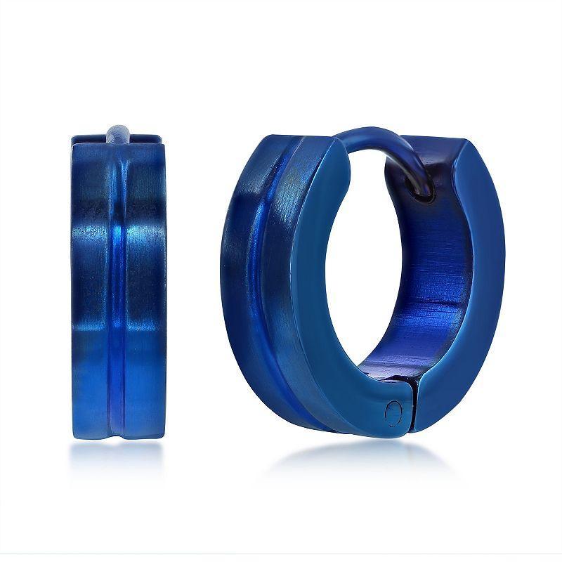 Metallo Stainless Steel Lined Huggie Hoop Earrings, Mens, Blue Product Image