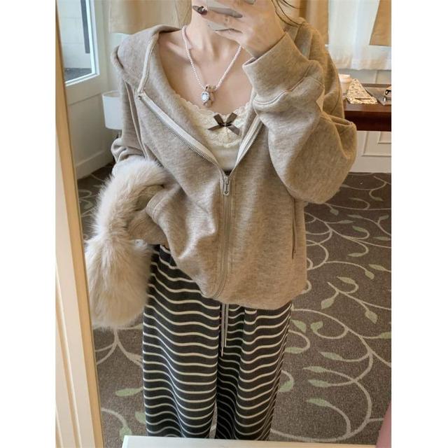 Plain Zip-Up Hoodie / V-Neck Lace Panel Bow Accent Crop Camisole Top / Drawstring Waist Striped Wide Leg Pants Product Image