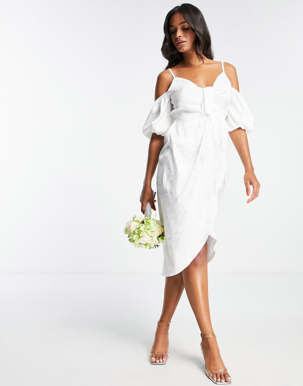 Blume Bridal wrap midi dress with tie front detail in white floral chiffon  Product Image