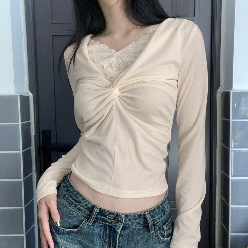 Long-Sleeve V-Neck Mock Two-Piece Plain Lace Panel Knot Slim Fit T-Shirt Product Image