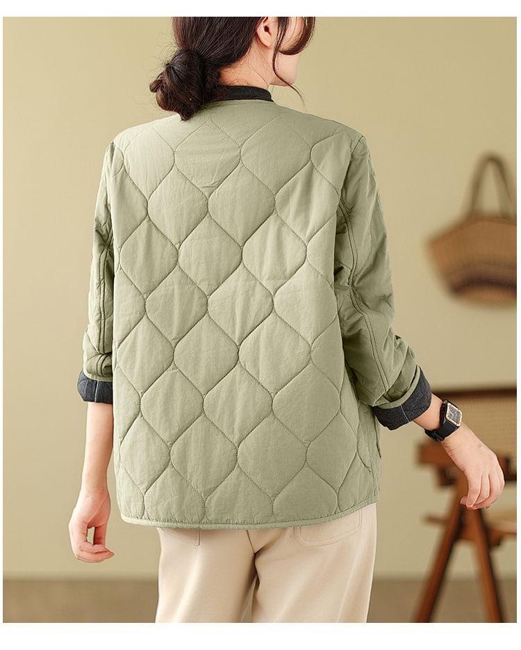 Crew Neck Plain Quilted Button-Up Jacket Product Image